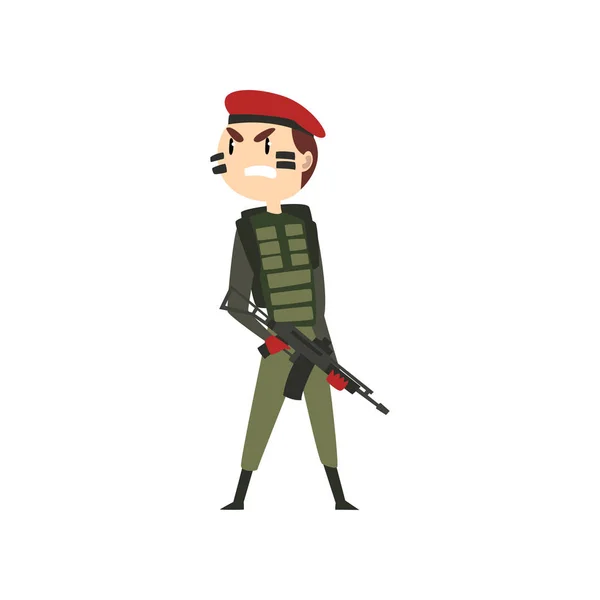 Militaire man met pistool, soldaat oorlogszuchtige teken in camouflage uniform en rode baret cartoon vector illustratie op een witte achtergrond — Stockvector