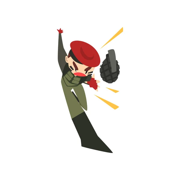 Στρατιωτική άνθρωπος ρίχνει μια χειροβομβίδα, στρατιώτης χαρακτήρα στο καμουφλάζ ομοιόμορφη και κόκκινα μπερέ διάνυσμα καρτούν εικονογράφηση σε λευκό φόντο — Διανυσματικό Αρχείο