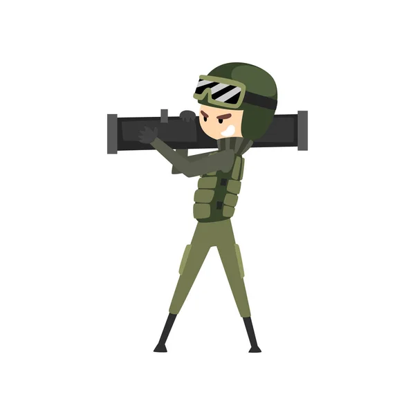 Militär med bazooka, soldat karaktär i kamouflage enhetliga tecknade vektor Illustration på vit bakgrund — Stock vektor