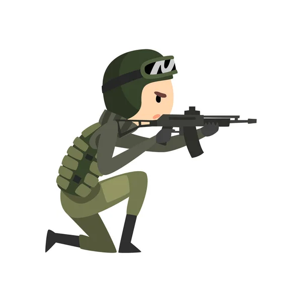 Uomo militare che spara una pistola, personaggio soldato in uniforme mimetica, vettore dei cartoni animati Illustrazione su sfondo bianco — Vettoriale Stock