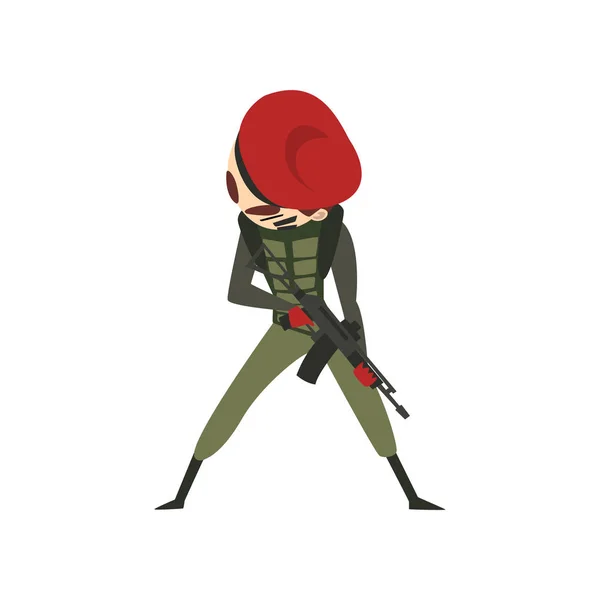 Homme militaire avec fusil, personnage de soldat en uniforme de combat et vecteur de dessin animé béret rouge Illustration sur fond blanc — Image vectorielle