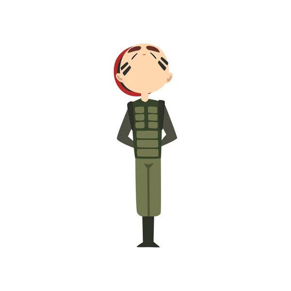 Military man standng at attention, soldier character in camouflage uniform and red beret cartoon vector Illustration on a white background — Stock Vector