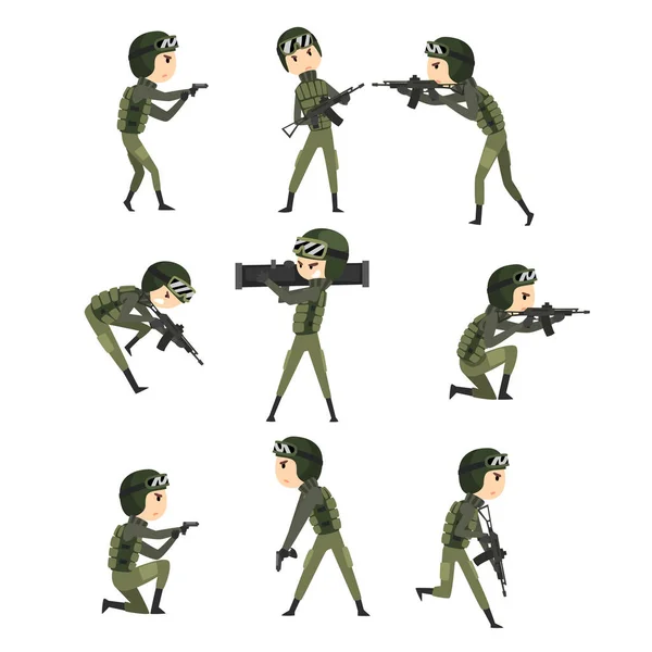 Homem militar em várias ações conjunto, personagens de soldado em uniforme de camuflagem, profissão militar cartoon vector Ilustração em um fundo branco —  Vetores de Stock