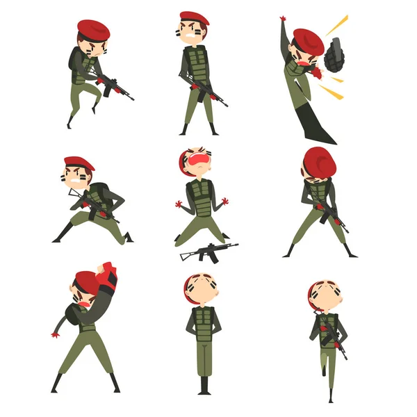 Ensemble militaire en différentes actions, personnages de soldats en uniforme de camouflage et béret rouge, vecteur de dessin animé de profession militaire Illustration — Image vectorielle