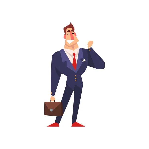 Successful businessman character in blue suit with a briefcase cartoon vector Illustration on a white background
