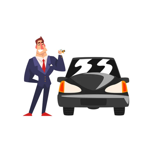 Hombre de negocios exitoso personaje en un traje azul de pie junto a un vector de dibujos animados de coches de lujo Ilustración sobre un fondo blanco — Vector de stock