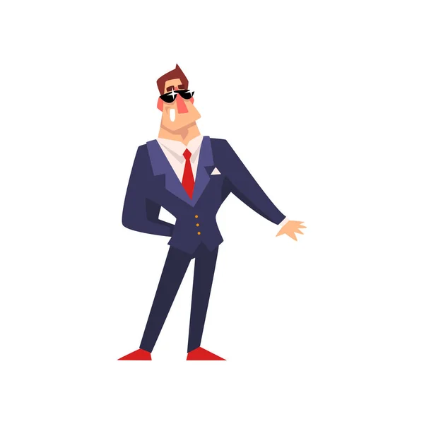Zelf vertrouwen zakenman in zonnebril, succesvol bedrijf karakter cartoon vector illustratie op een witte achtergrond — Stockvector