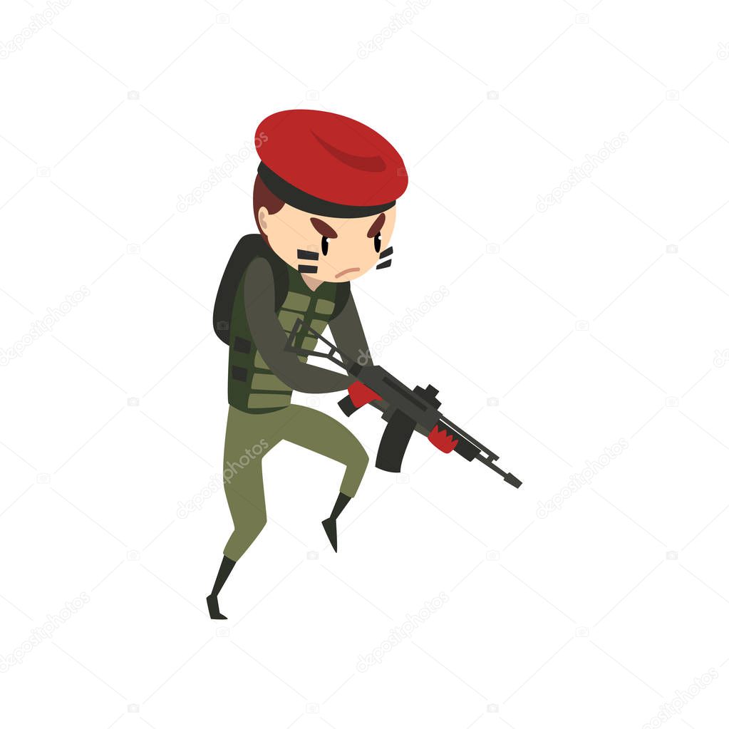 Military man with rifle, soldier character in camouflage uniform and red beret cartoon vector Illustration on a white background
