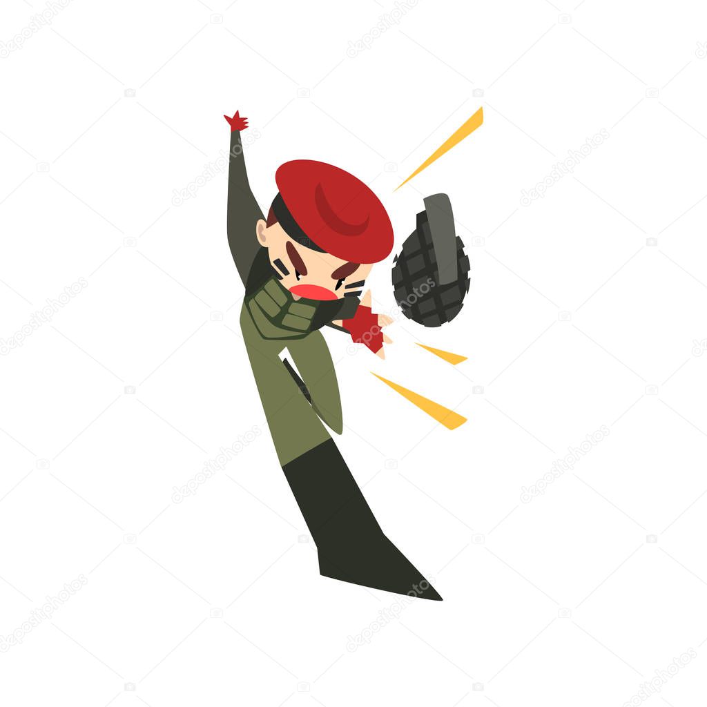 Military man throwing a grenade, soldier character in camouflage uniform and red beret cartoon vector Illustration on a white background