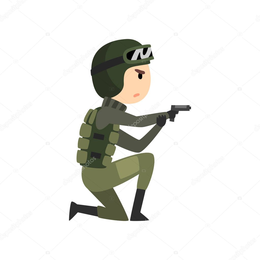 Military man with gun, soldier character in camouflage combat uniform cartoon vector Illustration on a white background