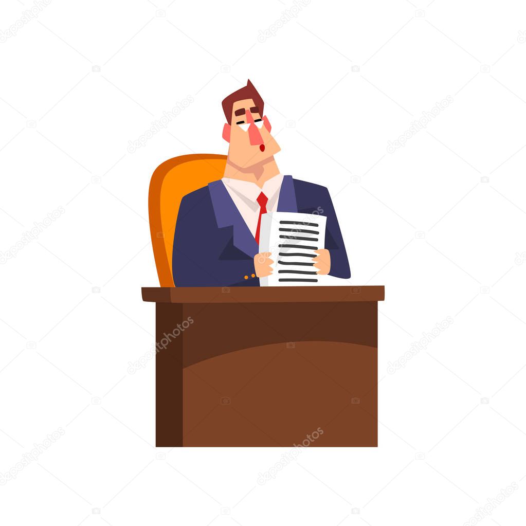 Successful businessman character sitting at his desk and working with documents cartoon vector Illustration on a white background
