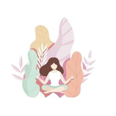 Büyük yaprakları ile doğal arka plan üzerinde güzel doğa vektör çizim yüzsüz genç kadın meditasyon kız