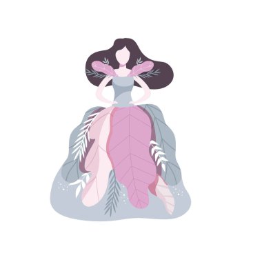 Güzel esmer kız bir elbiseyle yaprakları vektör çizim beyaz zemin üzerine yapılmış