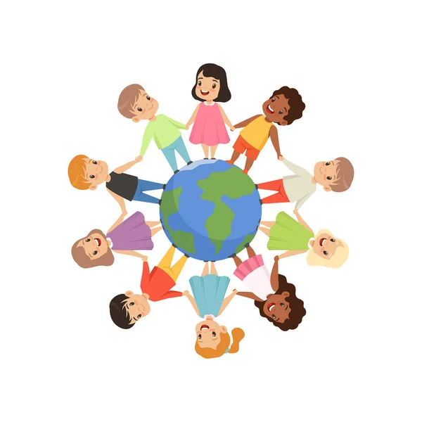 Little kids of different nationalities standing and holding hands around the Earth globe, friendship, unity concept vector Illustration on a white background — Stock Vector