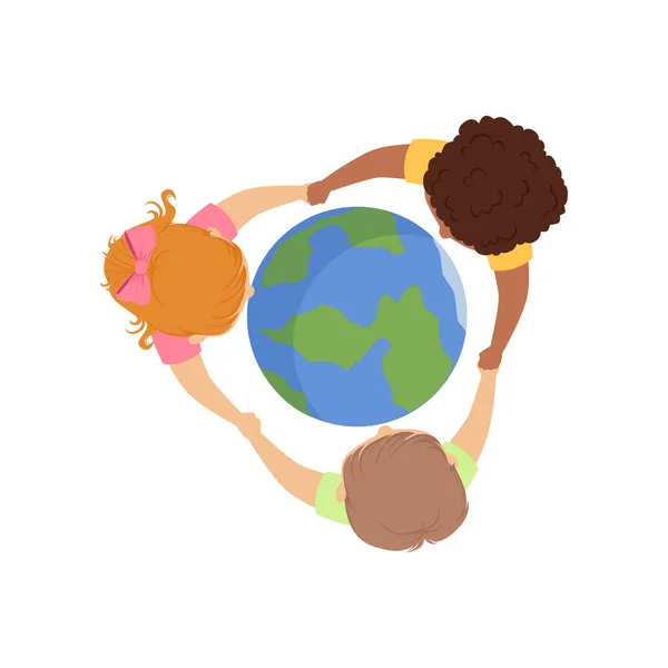 Carino bambini che si tengono per mano in tutto il mondo, vista dall'alto vettore Illustrazione su uno sfondo bianco — Vettoriale Stock