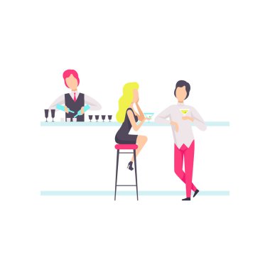 Barda duran barmen counter kokteyller karıştırma, bar ya da gece kulübü dinlenme insanlar üzerinde beyaz bir arka plan illüstrasyon vektör