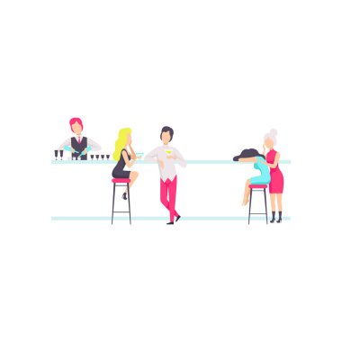 Barda duran barmen counter kokteyller karıştırma, dinlenme ve kokteyl bar ya da gece kulübü içme insanlar üzerinde beyaz bir arka plan illüstrasyon vektör