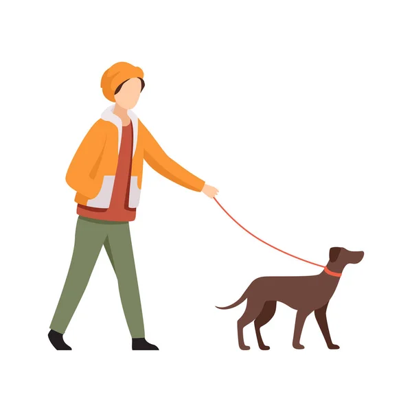 Joven paseando con el perro en otoño vector ropa casual Ilustración sobre un fondo blanco — Vector de stock