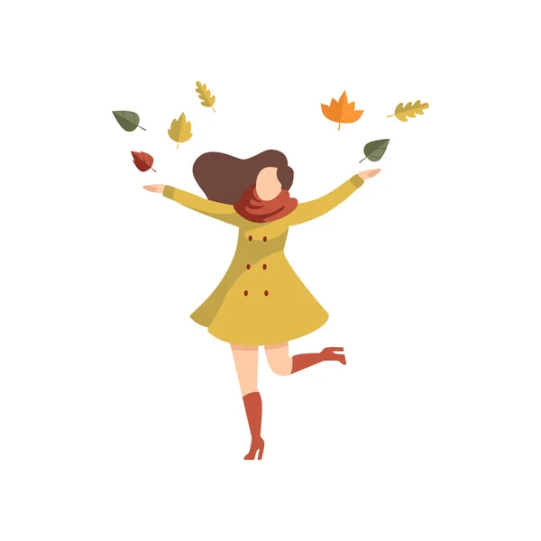 Молодая женщина бросает листья носить осенью повседневной одежды вектор Иллюстрация на белом фоне — стоковый вектор