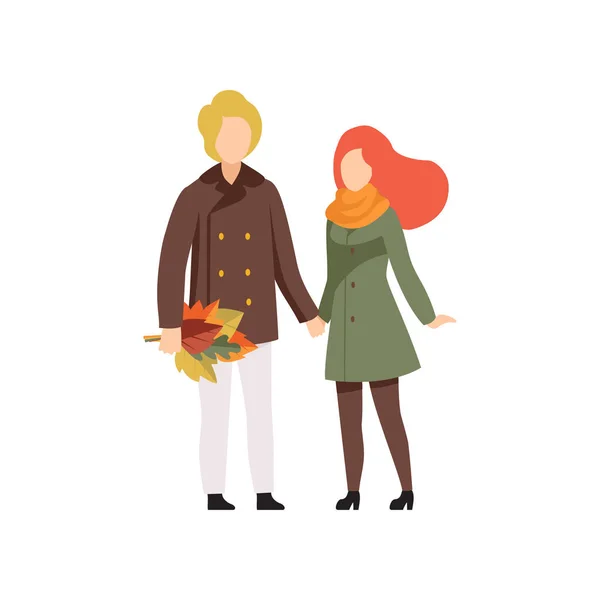 Pareja feliz en otoño ropa de temporada caminando con ramo de coloridas hojas de otoño vector Ilustración sobre un fondo blanco — Vector de stock