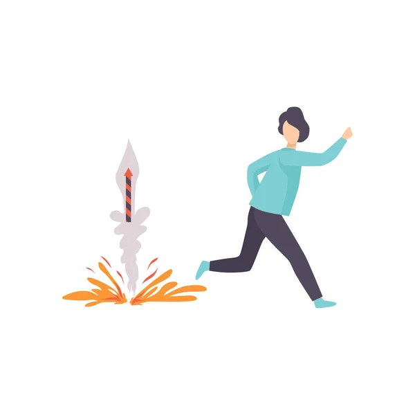 Young man running away from an exploding firework rocket, people celebrating holiday vector Illustration on a white background — Stock Vector