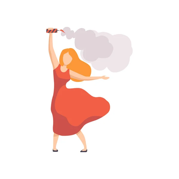 Girl holding a steaming firework rocket over her head, people celebrating holiday vector Illustration on a white background — Stock Vector