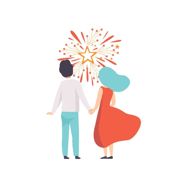 Pareja feliz viendo explosión de coloridos saludos en el cielo, gente celebrando vacaciones con fuegos artificiales vector Ilustración sobre un fondo blanco — Archivo Imágenes Vectoriales