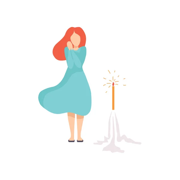 Junge Frau beobachtet mit Bewunderung Explosion von Pyrotechnik, Menschen feiern Urlaub mit Feuerwerk Vektor Illustration auf weißem Hintergrund — Stockvektor