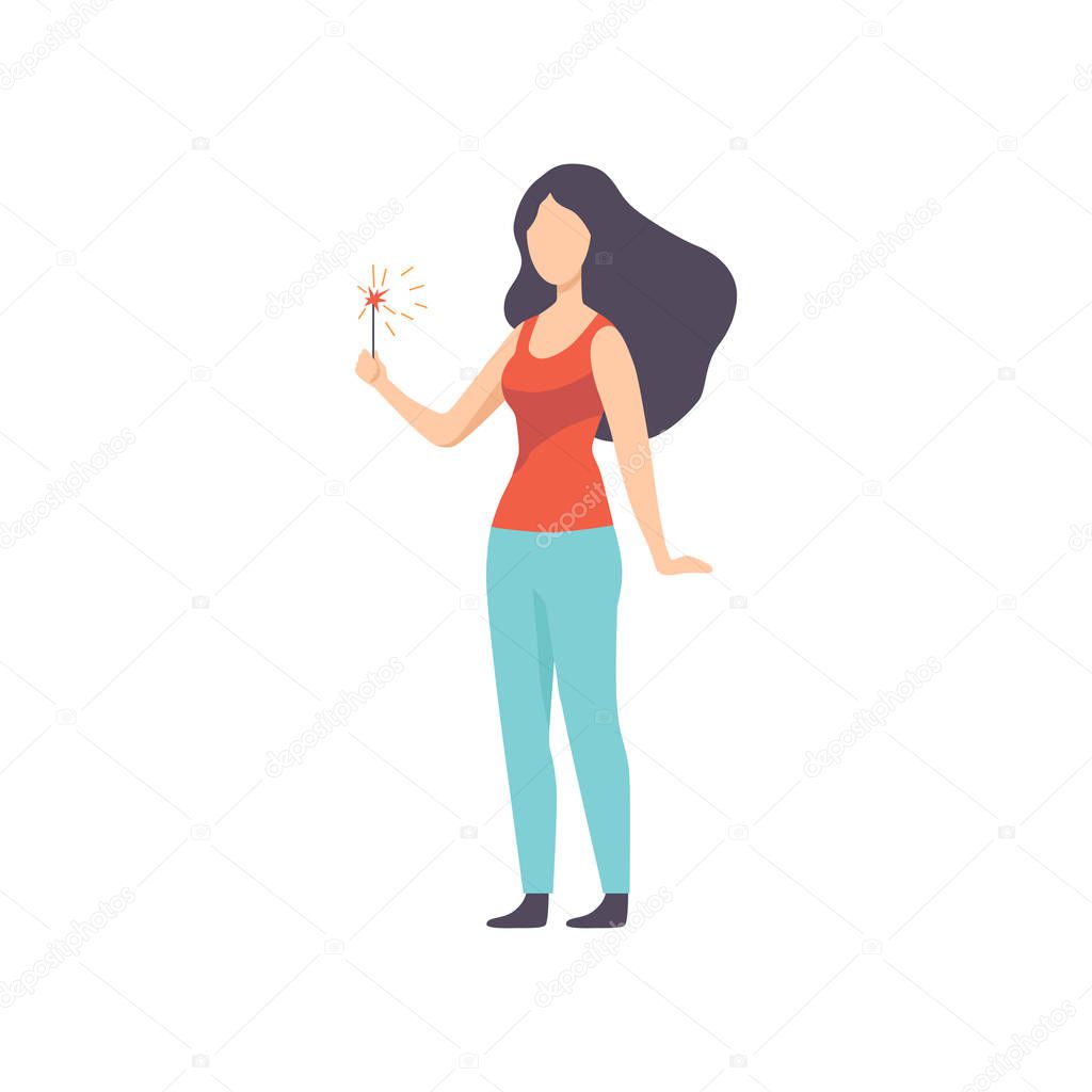 Brunette woman holding sparkler, girl celebrating holiday vector Illustration on a white background