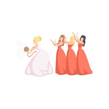Bride throwing her bouquet to bridesmaids at wedding ceremony vector Illustration on a white background clipart