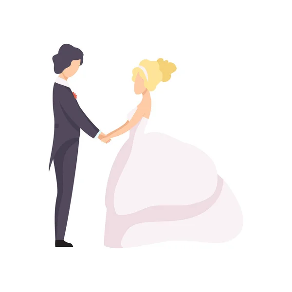 Beau couple d'amour de mariage élégant tenant la main en se regardant, cérémonie de mariage vecteur Illustration sur un fond blanc — Image vectorielle