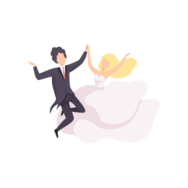 Bruid en bruidegom dansen, paar jonggehuwden op huwelijksceremonie vector illustratie op een witte achtergrond — Stockvector