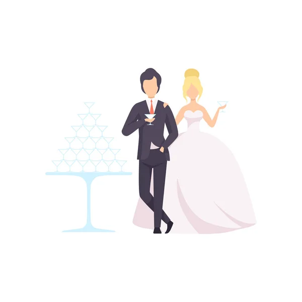 Elegante noiva e noivo bebendo champanhe, casal romântico de newleads na cerimônia de casamento vetor Ilustração em um fundo branco —  Vetores de Stock