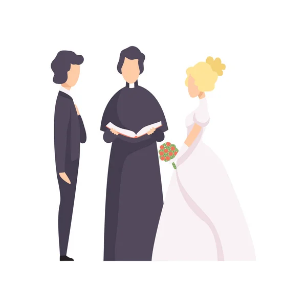 신혼 부부와 신부가 사회를 맡아 결혼식 흰색 배경에 그림을 벡터 — 스톡 벡터