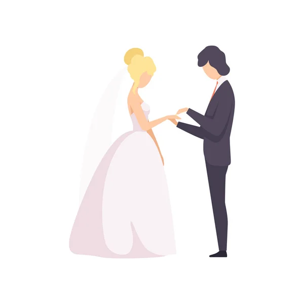 Elegancki Pan młody wprowadzenie pierścień na palec narzeczonych na wesele uroczystość wektor ilustracja na białym tle — Wektor stockowy
