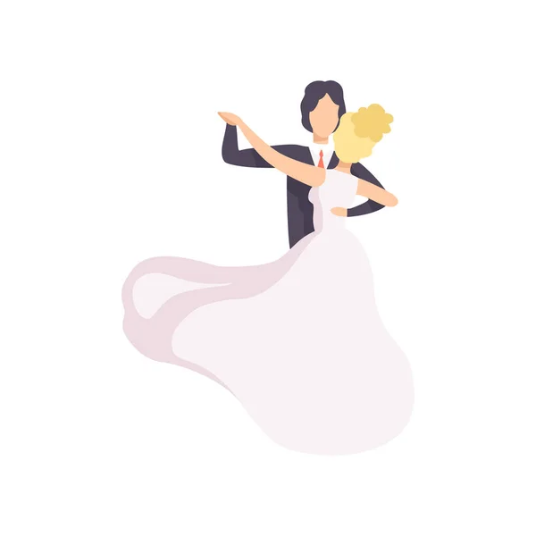 Eleganti sposi che ballano il valzer, coppia di sposi novelli alla cerimonia di nozze vettore Illustrazione su sfondo bianco — Vettoriale Stock