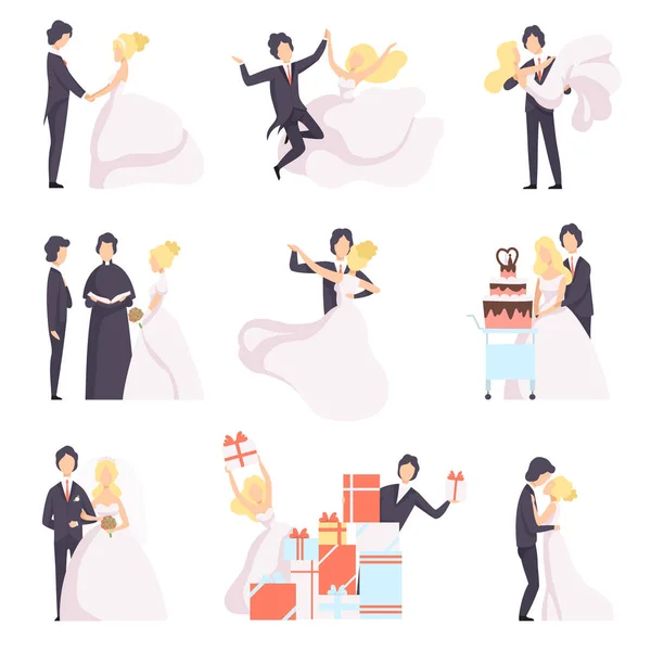 Verheugd huwelijksfeest paar ingesteld, bruid en bruidegom vieren huwelijk, dansen, knuffelen, snijden taart vector illustratie op een witte achtergrond — Stockvector