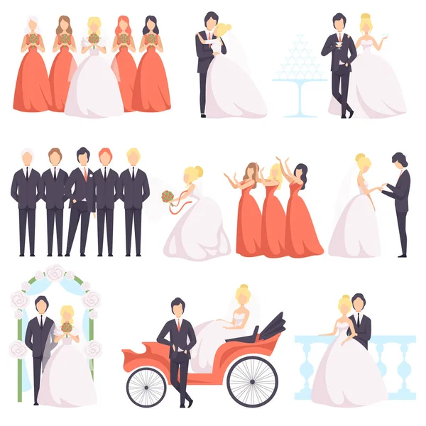 Wedding couple celebrating with their friends set, bride and groom, bridesmaids, groomsmen at a wedding ceremony vector Illustration on a white background — Stock Vector