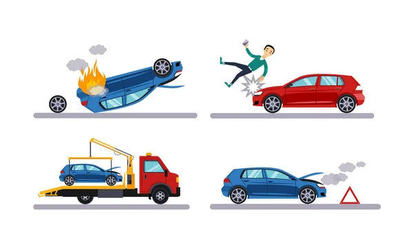 Accidents de voiture, accident de voiture, homme percuté par une voiture, vecteur plat d'évacuation Illustration sur fond blanc — Image vectorielle