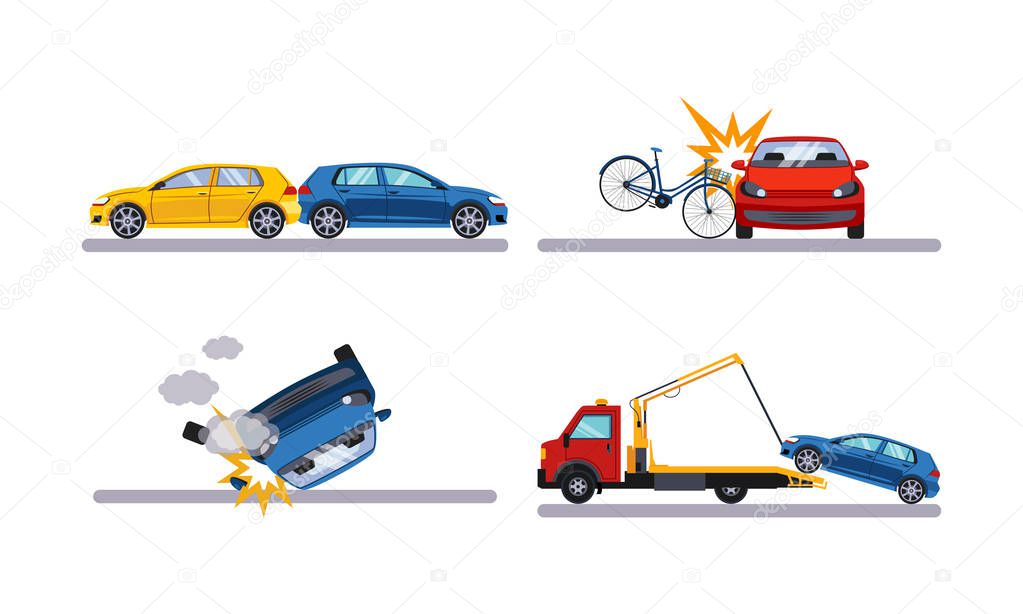 Auto accidents set, car crash flat vector Illustration on a white background