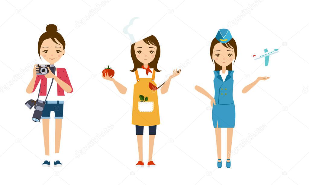 Women of different professions set, photographer, cook, stewardess vector Illustration isolated on a white background.