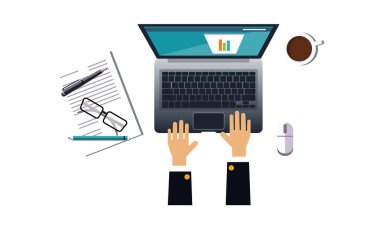 İşadamı grafik, Ofis İşyeri, vektör çizim beyaz bir arka plan üzerinde yukarıdan görünüm analiz dizüstü bilgisayar ile çalışma
