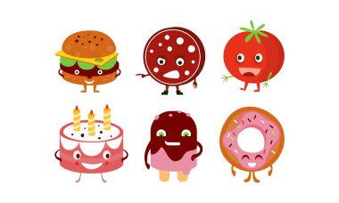 Düz vektör insanlaşmış gıda kümesi. Burger, sosis, kırmızı domates, Doğum günü pastası, dondurma ve komik suratlar ile çörek