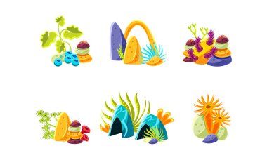 Set of compositions with fantasy sea plants, corals and stones. Underwater life. Flat vector elements for mobile game clipart