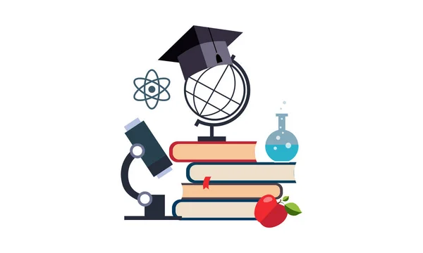 Microscope, globe and graduation cap on a stack of books, education and science vector Illustration — Stock Vector