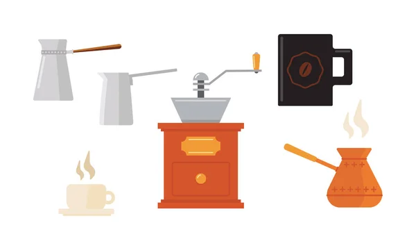 Flat vector set of icons related to coffee theme. Cups, Turkish cezve pots and coffee grinder. Hot drink — Stock Vector