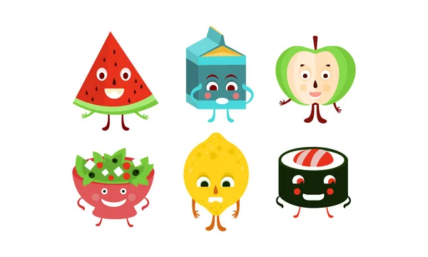 Flat vector set of food and drink characters. Humanized fruits, sushi roll, bowl of salad and pack of milk — Stock Vector