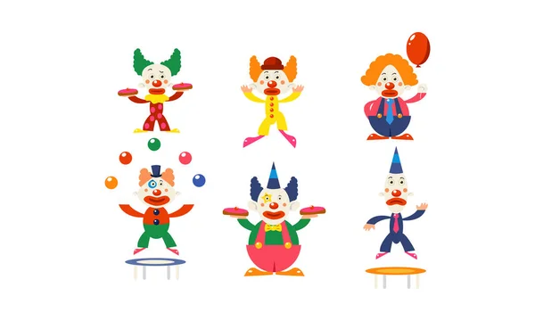 Плоский векторний набір клоунів у різних діях. Циркові артисти в різнокольорових перуках. Смішні персонажі мультфільмів — стоковий вектор