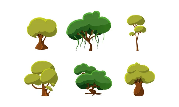 Ensemble de vecteurs plats d'arbres verts. Éléments naturels du paysage. Conception de bande dessinée pour ordinateur ou jeu mobile — Image vectorielle