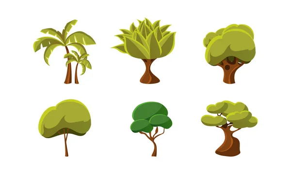 Yeşil ağaçlar kümesi. Doğal peyzaj öğeleri. Mobil oyun veya çocuk kitabı için düz vektör tasarımı — Stok Vektör